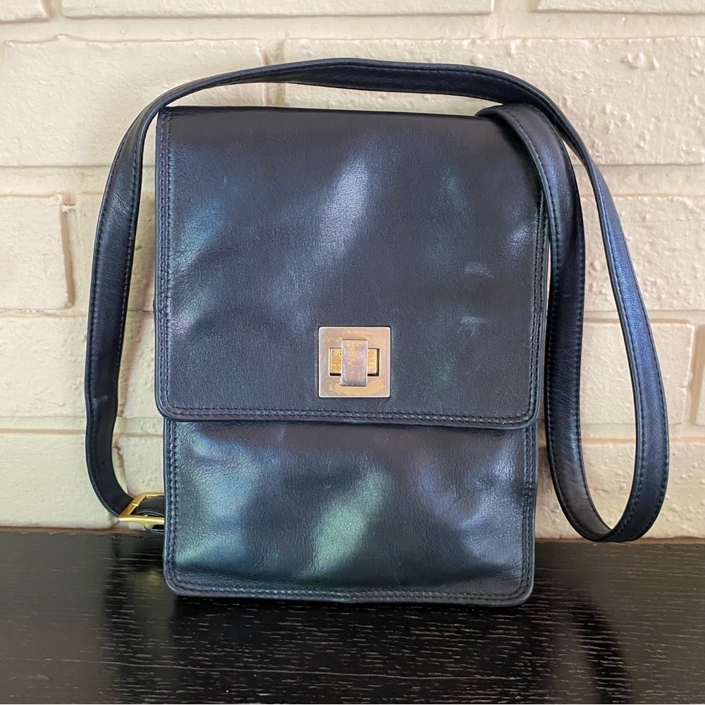 Americana By Sherif Vintage 80s Black Leather Crossbody Handbag Purse Minimalist